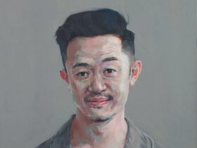 A painted portrait of Benjamin Law.