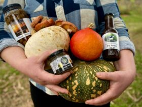 A person holds colourful pumpkins, jar of olives, black garlic, fig sauce and mushrooms.