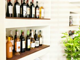 wine bottles on a shelf