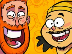 Cartoon drawing of Bobby and Andrew grinning behind an orange background