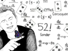 A black and White drawing of Aaron Ducker with a colorful butterfly sitting on his finger.