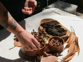 Hands picking at an array of native, dried plants and flowers