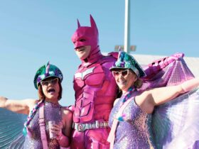 Pink Batman, colourful dancers