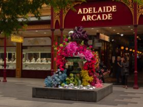 The Rundle Mall Fountain adorned with flowers