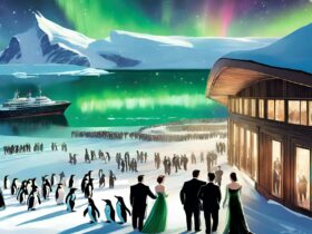 AI generated image of penguins and people wearing formal outfits looking at the lights of an Aurora
