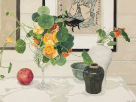 Wine glass with nasturtiums on a shelf with fruit, ceramic bowls, vases, and a cropped ukiyo-e print
